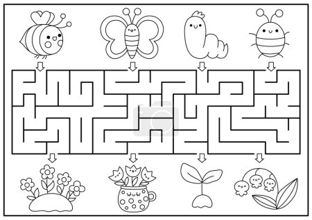 Spring black and white maze for kids. Garden geometrical preschool printable activity with kawaii insects, flowers. Easter holiday labyrinth game or coloring page with cute bumblebe