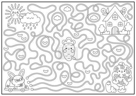 Ostern schwarz-weißes Labyrinth für Kinder. Frühjahrsferien Kindergarten druckbare Aktivität mit kawaii Auto mit Hase, Landhaus. Garten-Labyrinth-Spiel, Puzzle oder Malseite mit niedlichem Charakter