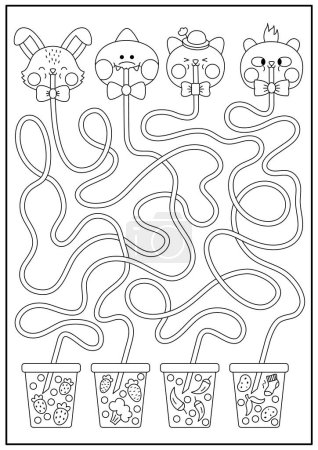 Kawaii black and white maze for kids. Preschool printable activity with cute animals drinking bubble tea with different tastes. Labyrinth game or coloring page with fancy drinks with carrot, strawberr