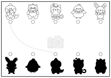 Easter black and white shadow matching activity with cute kawaii animals. Spring holiday shape recognition puzzle. Find correct silhouette printable worksheet. Garden coloring pag