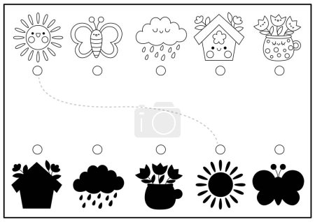 Spring black and white shadow matching activity with cute kawaii holiday symbols. Easter shape recognition puzzle. Find correct silhouette printable worksheet. Garden coloring pag