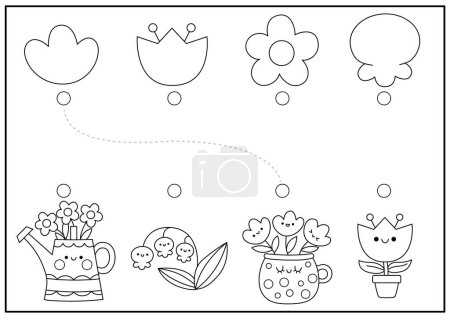 Easter black and white shape recognition activity. Spring holiday matching puzzle with cute kawaii flowers. Find correct silhouette printable worksheet. Garden coloring page for kid