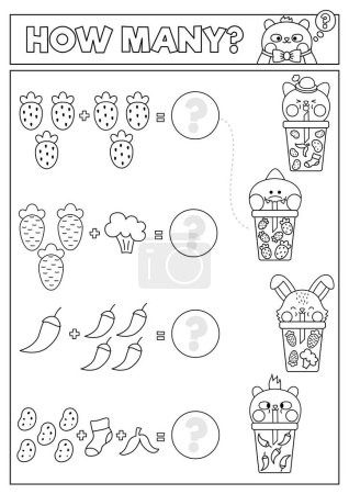 Téléchargez les illustrations : Black and white matching game with cute kawaii fruit, vegetables drinks. Math activity for preschool kids. Printable counting worksheet or coloring page with cartoon animals drinking bubble te - en licence libre de droit