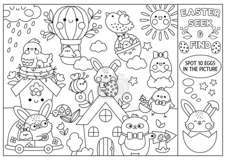 Illustration for Vector black and white Easter searching game with country house and kawaii characters. Spot hidden objects. Simple spring holiday seek and find coloring page. Egg hunt activity with bunn - Royalty Free Image