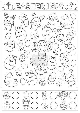 Easter black and white I spy game for kids. Searching and counting activity with cute kawaii holiday symbols. Spring printable worksheet. Simple garden spotting coloring page with bunny, egg