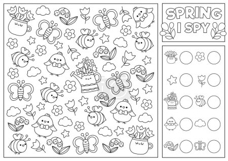 Ilustración de Spring or summer black and white I spy game for kids. Searching and counting activity with cute kawaii chick, bee. Garden printable worksheet, coloring page. Simple spotting puzzle with first flower - Imagen libre de derechos