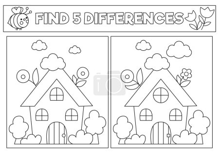 Garden black and white kawaii find differences game. Coloring page with cute country house. Spring holiday line puzzle for kids with funny cartoon cottage. Printable what is different workshee