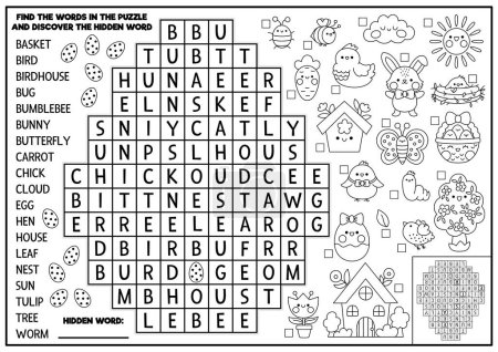 Illustration for Vector black and white Easter egg shaped word search puzzle for kids. Spring holiday quiz for children. Coloring page with kawaii symbols. Cute English language cross word with bunny, chick, flowe - Royalty Free Image