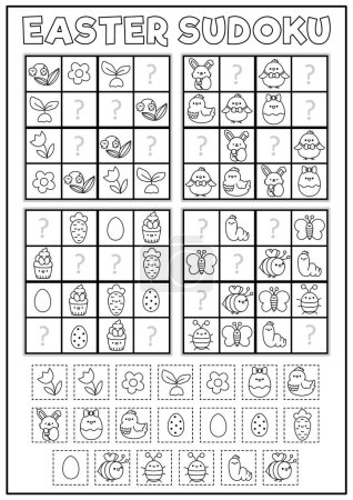 Vector blanco y negro kawaii Pascua sudoku puzzle para niños. Prueba sencilla de vacaciones de primavera con elementos de corte y pegamento. Actividad de la línea de jardín o página para colorear con conejito, polluelo, flor, insecto, por ejemplo