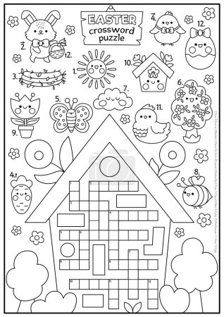 Téléchargez les illustrations : Vector black and white Easter country house shaped crossword puzzle for kids. Spring holiday line quiz.  Coloring page with kawaii symbols. Cute garden English language cross word with bunn - en licence libre de droit
