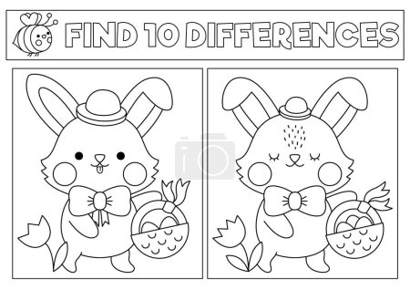 Illustration for Easter black and white kawaii find differences game. Coloring page with cute bunny going on egg hunt with basket. Spring holiday puzzle or activity for kids. Printable what is different workshee - Royalty Free Image