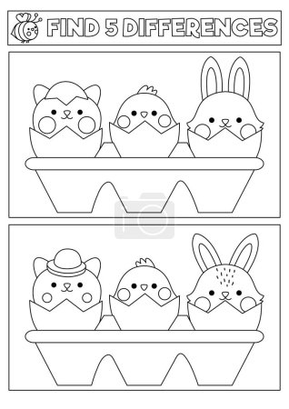 Illustration for Easter black and white kawaii find differences game. Coloring page with cute hatching animals. Spring holiday puzzle or activity for kids. Printable what is different workshee - Royalty Free Image