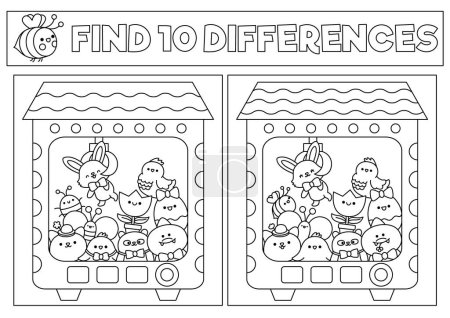 Illustration for Easter black and white kawaii find differences game. Coloring page with cute animals in toy vending machine. Spring holiday puzzle or activity for kids with characters. What is different workshee - Royalty Free Image