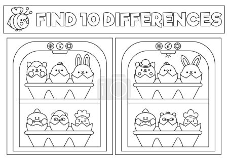 Illustration for Easter black and white kawaii find differences game. Coloring page with cute hatching animals in fridge. Spring holiday puzzle or activity for kids. Printable what is different workshee - Royalty Free Image