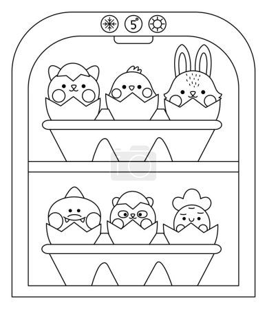 Illustration for Vector black and white kawaii fridge with egg packaging and hatching animals inside. Easter illustration with cute cat, chick and bunny sitting in eggshell. Cute spring coloring page for kid - Royalty Free Image