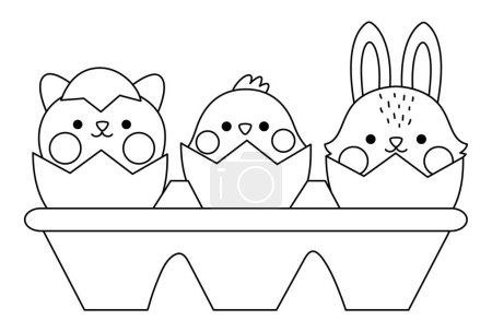 Illustration for Vector black and white packaging with eggs and hatching kawaii animals. Easter line illustration with cute cat, chick and bunny sitting in shell. Cute spring icon or coloring page for kid - Royalty Free Image