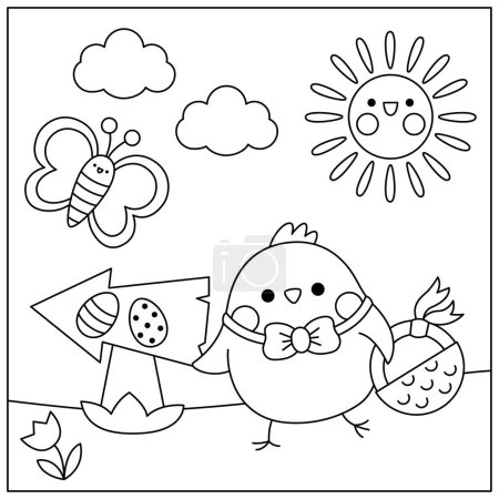 Vector schwarz-weiße Kawaii-Osterszene mit Küken und Korb. Frühling Cartoon-Zeilenillustration. Niedliche Ferien-Eiersuche Malseite für Kinder mit Pfeil, Schmetterling, Blumen. Sonniger Tag