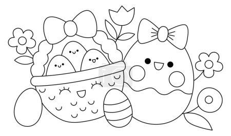 Vector blanco y negro Pascua escena horizontal con huevo sonriente y cesta. Linda composición de vacaciones kawaii. Icono de dibujos animados de primavera. Página para colorear de vacaciones con primera flor
