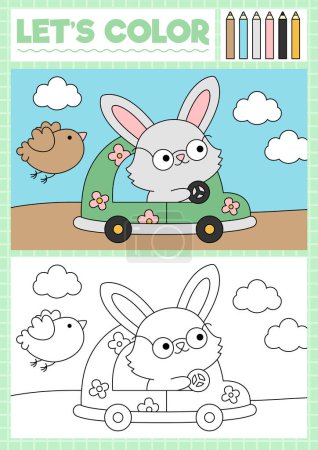 Illustration for Easter coloring page for children with cute kawaii scene with bunny driving car. Vector spring holiday outline illustration. Color book for kids with colored example. Drawing skills printable workshee - Royalty Free Image