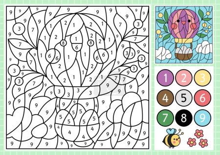 Téléchargez les illustrations : Vector Easter color by number activity with cute kawaii hot air balloon with eggs. Spring holiday scene. Black and white counting game with funny character. Garden coloring page for kid - en licence libre de droit