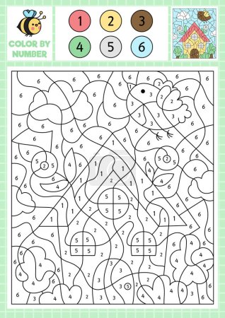 Vector garden or farm color by number activity with cute kawaii country house. Spring holiday scene. Black and white counting game with funny cottage, bird. Easter coloring page for kid