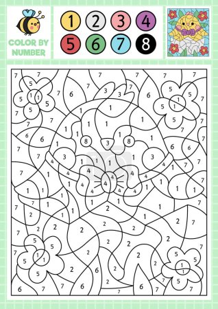 Ilustración de Vector Easter color by number activity with cute kawaii chicken in egg. Spring holiday scene. Black and white counting game with funny hatching chick. Garden coloring page for kid - Imagen libre de derechos
