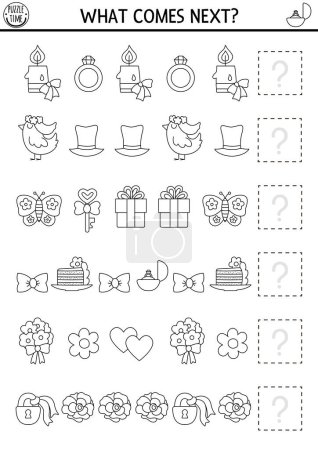 What comes next. Wedding black and white matching activity for preschool kids with traditional symbols. Funny Marriage line puzzle or logical coloring page. Continue the row gam