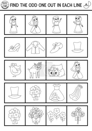 Ilustración de Find the odd one out. Wedding black and white logical activity for children. Marriage educational quiz worksheet for kids. Simple printable game or coloring page with cute bride and groo - Imagen libre de derechos