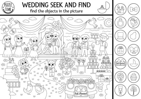 Vector wedding black and white searching game with marriage scene. Spot hidden objects in the picture. Seek and find printable activity or coloring page for kids with cute bride, groom, guest