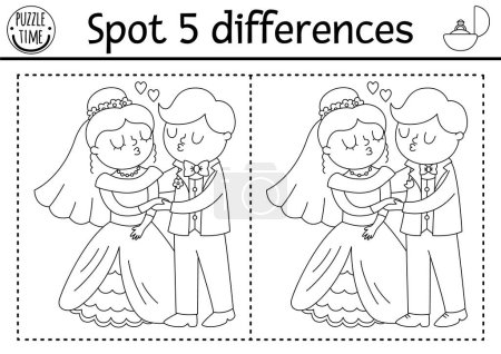 Find differences game for children. Wedding black and white educational activity with cute married couple. Marriage printable coloring page for kids with funny kissing bride and groo