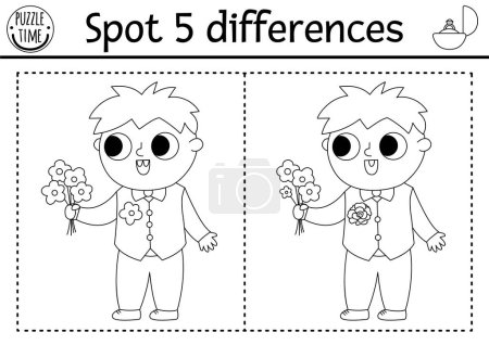 Find differences game for children. Wedding black and white educational activity with cute boy with bouquet of flowers. Marriage printable coloring page for kids with funny little kid gues