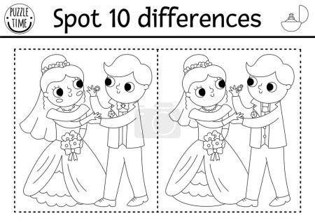 Find differences game for children. Wedding black and white activity with cute married couple. Marriage coloring page for kids with funny bride, groom and ring. Printable workshee