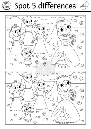 Find differences game for children. Wedding black and white activity with cute married girl. Marriage coloring page for kids with bride throwing bouquet to bridesmaids. Printable workshee