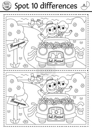 Find differences game for children. Wedding black and white activity with married couple going on honeymoon. Marriage coloring page for kids with bride and groom. Printable workshee