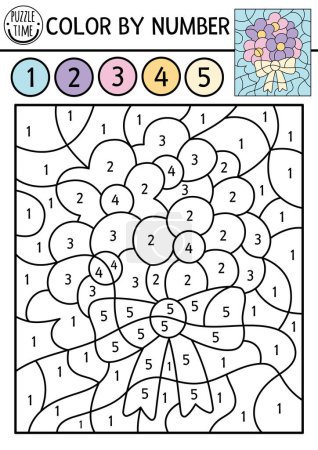 Vector wedding or spring color by number activity with cute bouquet and bow. Marriage ceremony or bride accessory. Black and white counting game or coloring page with flower arrangemen
