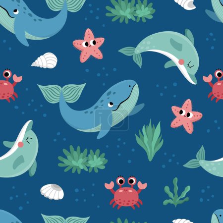 Illustration for Vector under the sea seamless pattern. Repeat background with dolphin, whale, star, crab, seaweeds. Ocean life digital paper. Funny water animals and weeds illustration with cute fis - Royalty Free Image
