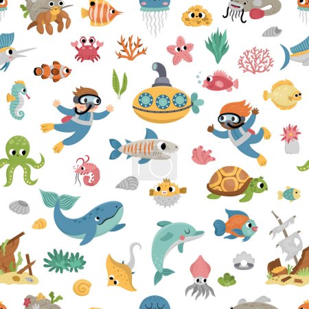 Illustration for Vector under the sea seamless pattern. Repeat background with cute fish, seaweeds, divers, submarine. Ocean life digital paper. Funny water animals and weeds illustration with dolphin, whal - Royalty Free Image