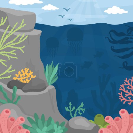 Vector under the sea landscape illustration. Ocean life scene with reef, seaweeds, stones, corals, fish, rocks. Cute square water nature background. Aquatic picture for kids with sky and su
