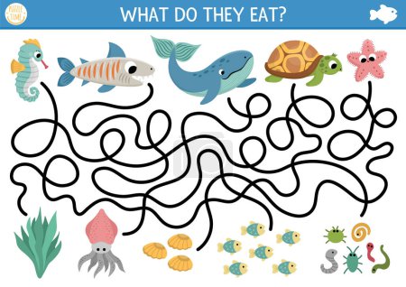 Illustration for Under the sea maze for kids with turtle, whale, shark, seahorse, starfish. Ocean preschool printable activity with fish and their food. Water labyrinth game or puzzle. What do they ea - Royalty Free Image