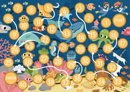 Illustration for Under the sea dice board game for children with cute animals. Ocean boardgame with fish, wrecked ship.  Water adventures printable activity or worksheet. Help the divers get to the pear - Royalty Free Image
