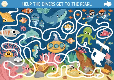 Under the sea maze for kids with marine landscape, wrecked ship, fish. Ocean preschool printable activity with dolphin, whale. Water labyrinth game or puzzle. Help the divers get to pear