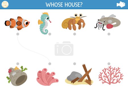 Illustration for Under the sea matching activity with cute fish and houses. Water puzzle with clownfish, seahorse, hermit crab, catfish. Match the objects game. Printable worksheet. Ocean match up pag - Royalty Free Image