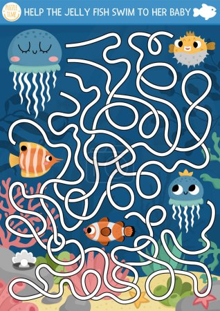 Illustration for Under the sea maze for kids with marine landscape, jelly fish, clownfish, pearl. Ocean preschool printable activity. Water labyrinth game or puzzle. Help the jellyfish swim to her bab - Royalty Free Image