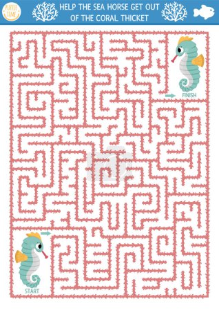 Illustration for Under the sea geometrical maze for kids with seahorse. Ocean preschool printable activity. Water labyrinth game or puzzle. Help the sea horse get out of the coral thickes - Royalty Free Image