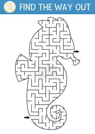 Illustration for Under the sea geometrical maze for kids. Ocean preschool printable activity. Water seahorse shaped labyrinth game or puzzle for children with sea hors - Royalty Free Image