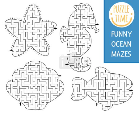Illustration for Under the sea geometrical maze set for kids. Ocean preschool printable activity shaped as seahorse, fish, seashell, star. Water labyrinth game or puzzle collection for childre - Royalty Free Image