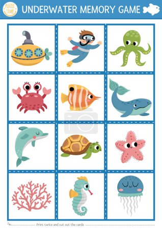 Illustration for Vector under the sea memory game cards with cute octopus, fish, submarine, dolphin. Ocean life matching activity. Remember and find correct card. Simple printable worksheet for kid - Royalty Free Image