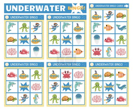 Illustration for Vector under the sea bingo cards set. Fun family lotto board game with cute submarine, diver, dolphin, fish, water animals for kids. Ocean life lottery activity. Simple educational printable workshee - Royalty Free Image