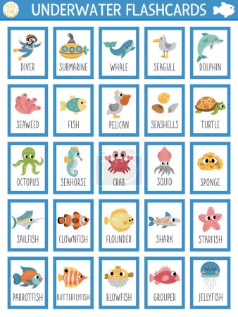 Illustration for Vector big flash cards set with water animals, seaweeds, fishes, submarine, diver. English language game with cute underwater symbols for kids. Ocean life flashcards. Simple printable workshee - Royalty Free Image