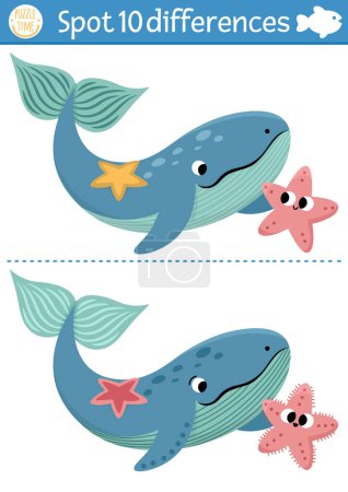 Illustration for Find differences game for children. Under the sea educational activity with cute whale, starfish. Ocean life puzzle for kids with water animal character. Underwater printable worksheet or pag - Royalty Free Image